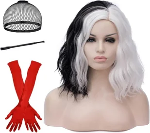 Peruka Biało Czarna CRUELLA DE VIL Cosplay włosy półdługie synt.+ AKCESORIA - Ozdoby do włosów - miniaturka - grafika 1