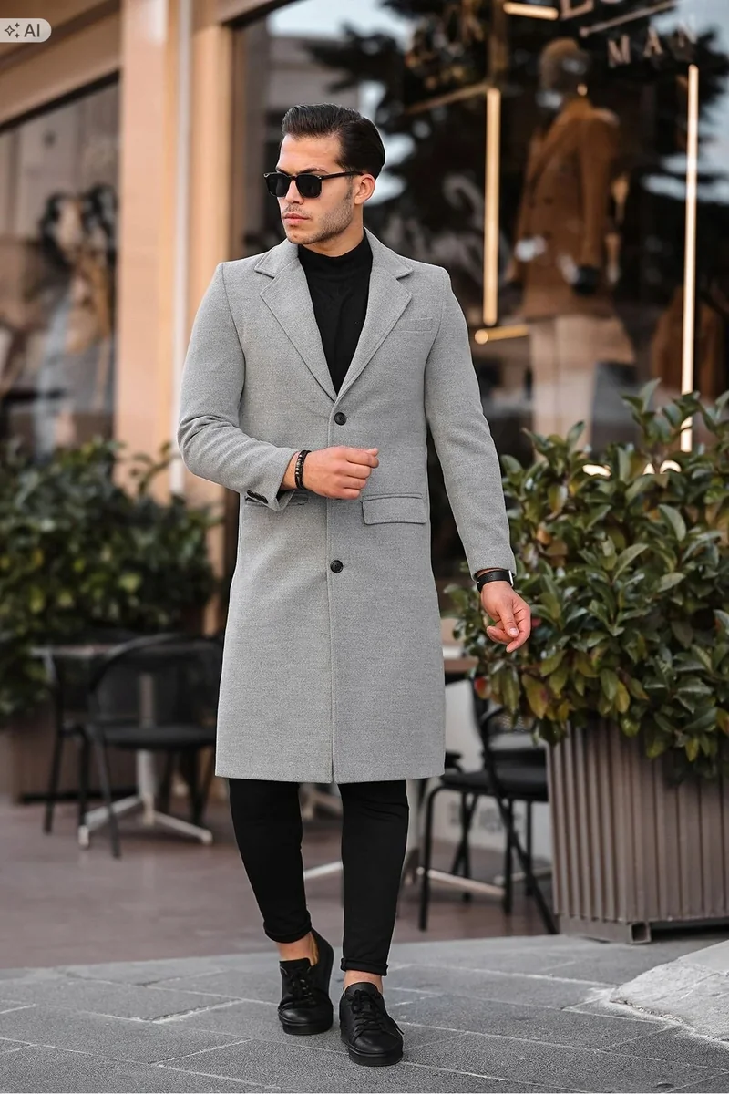 GŁADKI SZARY PŁASZCZ MĘSKI ELEGANCKI ZAPINANY NA GUZIKI M 5IA