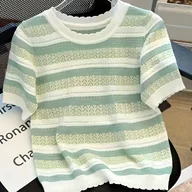 Swetry damskie - TEMU Świeży i prosty kolorowy pasiasty sweter, modna wszechstronna letnia koreańska koszulka z regularnymi ramionami i krótkim rękawem na rok 2025, - miniaturka - grafika 1