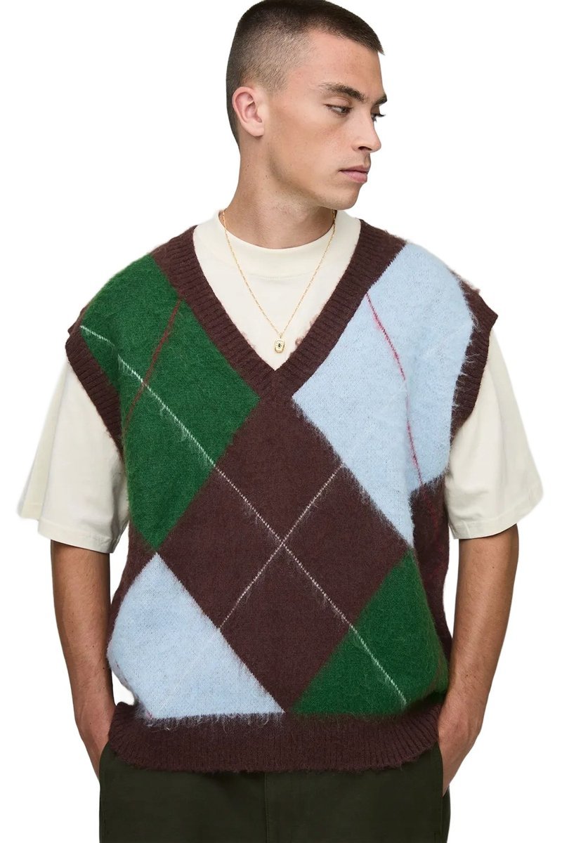 BOOHOOMAN MĘSKI SWETER BEZ RĘKAWÓW WZÓR KRATKA DEKOLT V M Z3A*