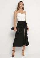 Spódnice - Czarna Spódnica z Wiskozą i Wysokim Stanem Ozdobiona Wiązaniem i Marszczeniem Tefaina - miniaturka - grafika 1