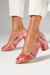 Różowe czółenka ażurowe peep toe damskie na ozdobnym słupku Casu D24X17-O-40 - Czółenka - miniaturka - grafika 1