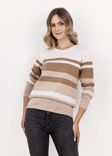 Sweter w paski z ciekawym dekoltem - SWE343 beż/ecru/mocca MKM - Swetry damskie - miniaturka - grafika 1