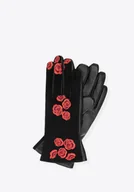 Rękawiczki - Damskie rękawiczki ocieplane z haftowanymi kwiatami czarno - czerwone - miniaturka - grafika 1