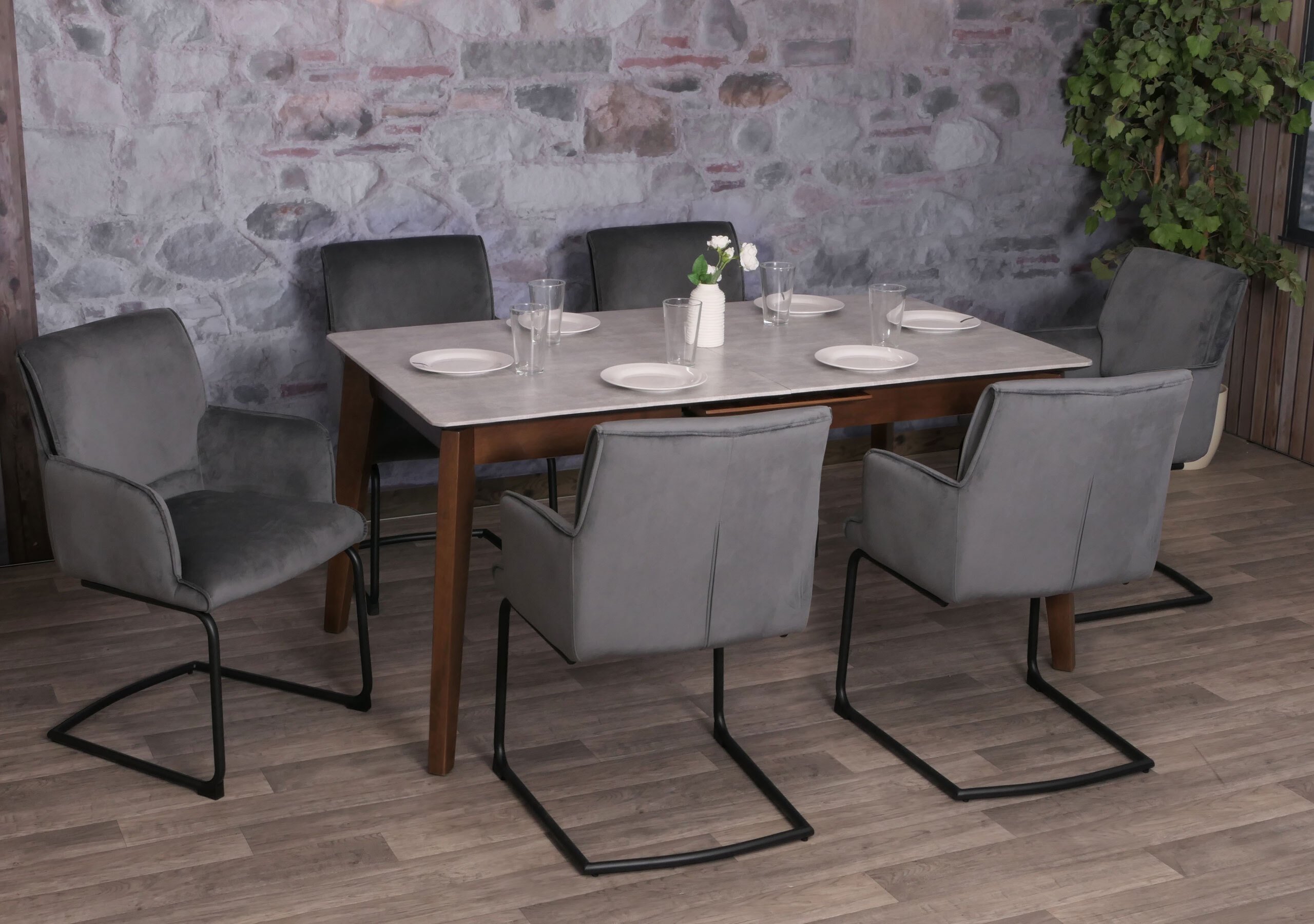 zestaw 6 krzeseł wspornikowych HWC-N60, krzesło do jadalni, krzesło kuchenne, tkanina/tekstylia Oeko-Tex MVG ~ ciemnoszary