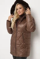 Kurtki damskie - Brązowa Kurtka Pikowana z Kapturem Futerkiem i Ściągaczami przy Rękawach Ravindelle - miniaturka - grafika 1