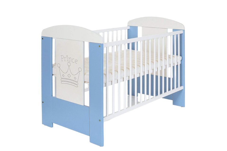 Łóżeczko Białe Bukowe BUK drewniane Niebieski druk Król 120x60