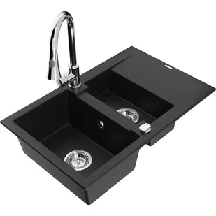 Mexen Gaspar zlewozmywak granitowy 1,5-komorowy z ociekaczem i baterią kuchenną Elia, czarny - Zlewozmywaki z baterią - miniaturka - grafika 1
