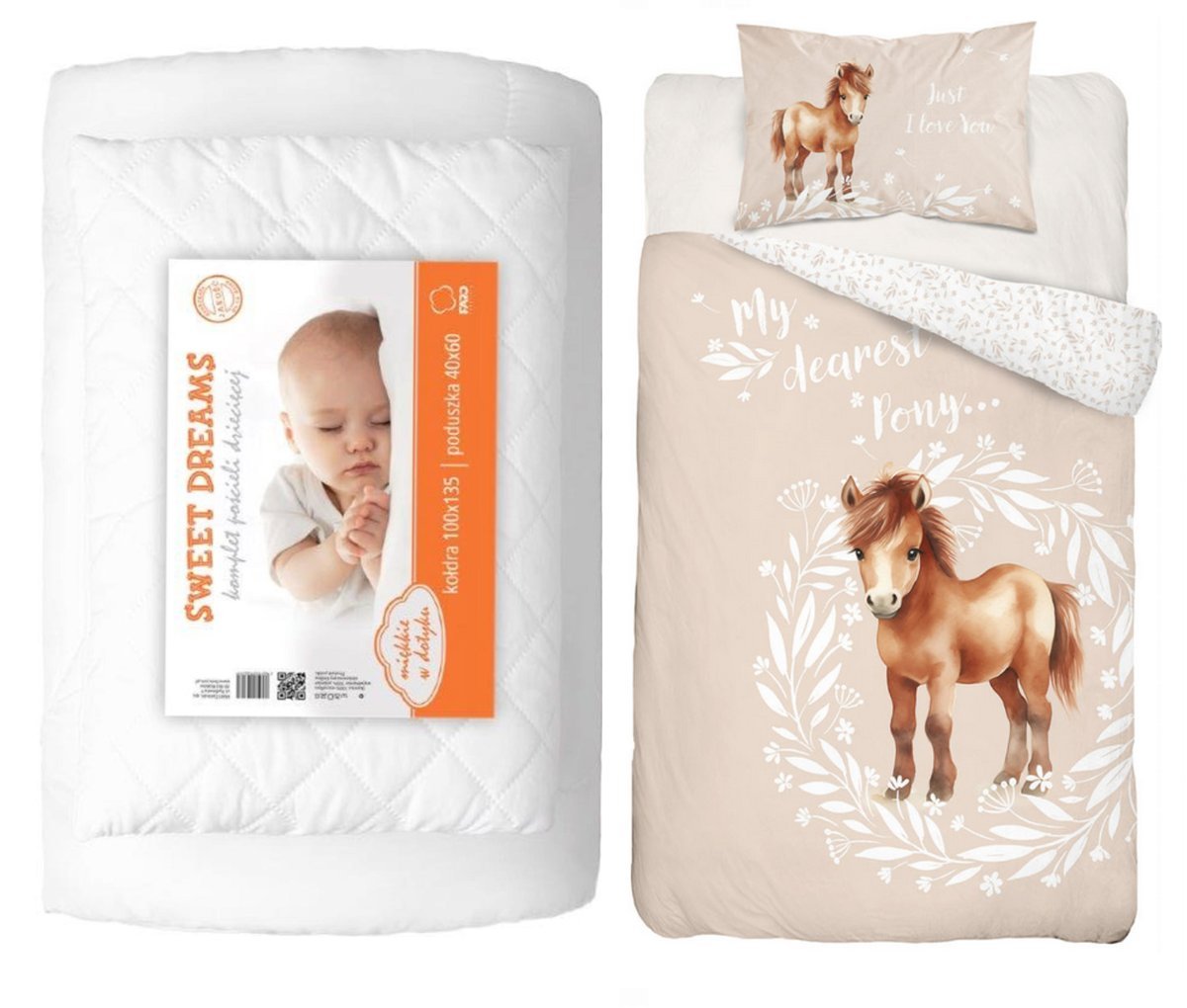 Komplet do łóżeczka kołdra pościel podusia 100x135 koń beż