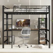 Łóżka dla dzieci i młodzieży - Łóżko piętrowe 90 x 200 cm z biurkiem i półką do przechowywania - Metal + MDF - Czarno-brązowe (Bez materaca) - miniaturka - grafika 1