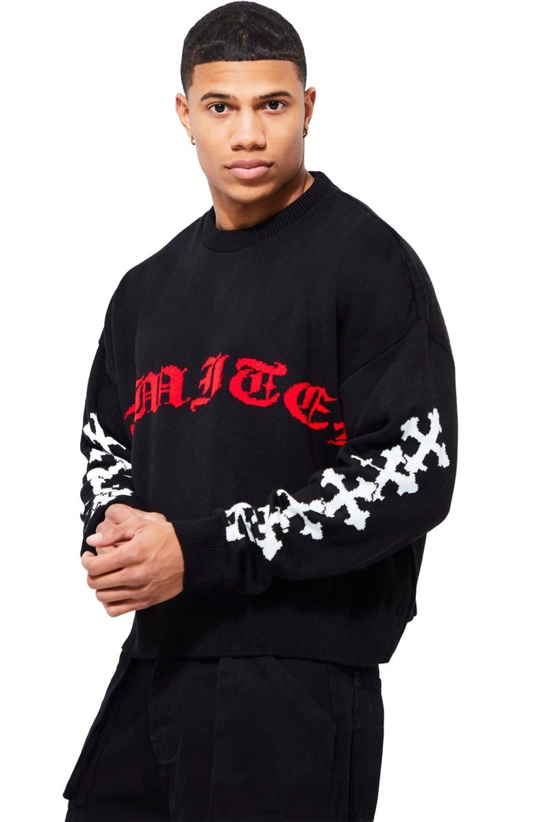 BOOHOOMAN CZARNY SWETER MĘSKI Z NAPISEM I WZOREM NA RĘKAWACH M Z3A*