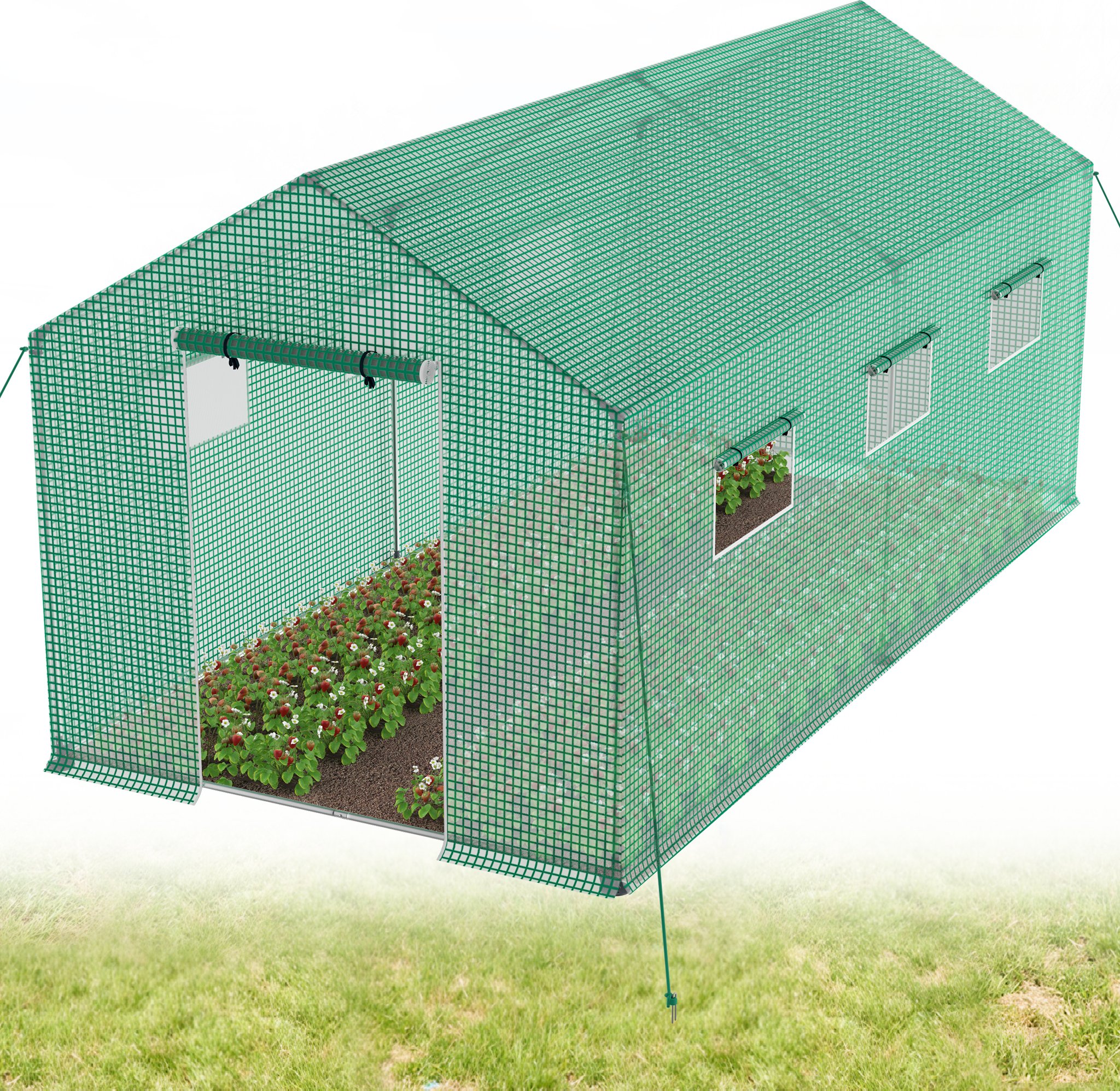 LARS360 Szklarnia do pomidorów 450x200x200 cm, szklarnia foliowa ze zwijanymi drzwiami, szklarnia do warzyw, kwiatów i ziół, zielona