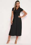 Sukienki - Czarna Taliowana Sukienka z Ozdobnym Węzłem w Talii i Dekoltem w Serek Selvitela - miniaturka - grafika 1