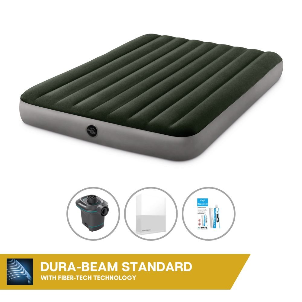 Dmuchane łóżko Intex - 2 osoby - 152 x 203 x 25 cm - zielone + pompka elektryczna Intex - 650 litrów/min + prześcieradło białe + zestaw naprawczy