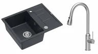 Zlewozmywaki z baterią - Quadron Unique Zlewozmywak granitowy jednokomorowy 62*50*22 cm z ociekaczem MORGAN 116 BLACK DIAMOND z syfonem Push-2-Open w kolorze stalowym z baterią JESSICA Q LINE z wyciąganą wylewką i funkcją prysznica kolor stal szczotkowana - miniaturka - grafika 1