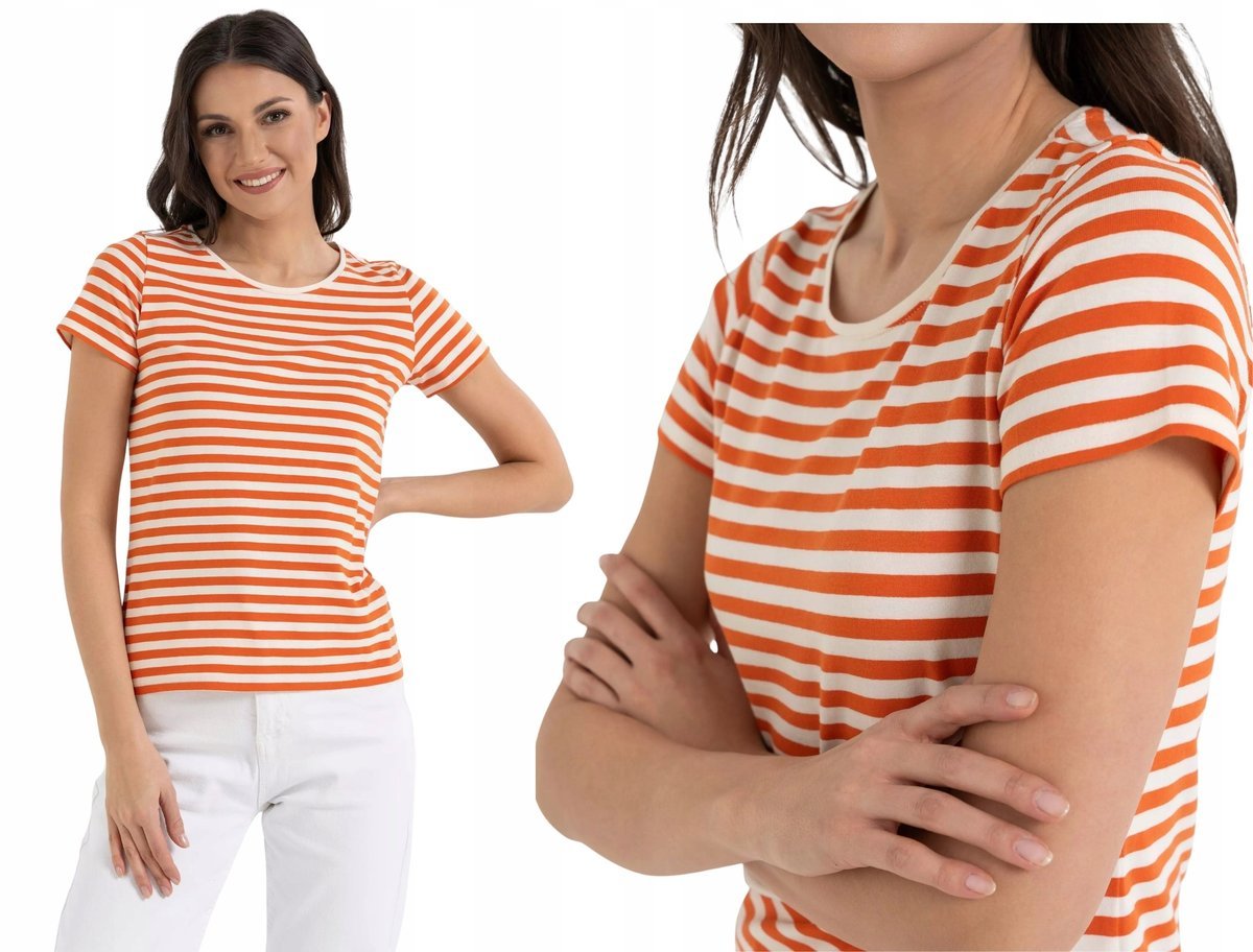Damska Koszulka T-shirt Bawełniana w Paski Klasyczna POMARAŃCZOWA MORAJ XL