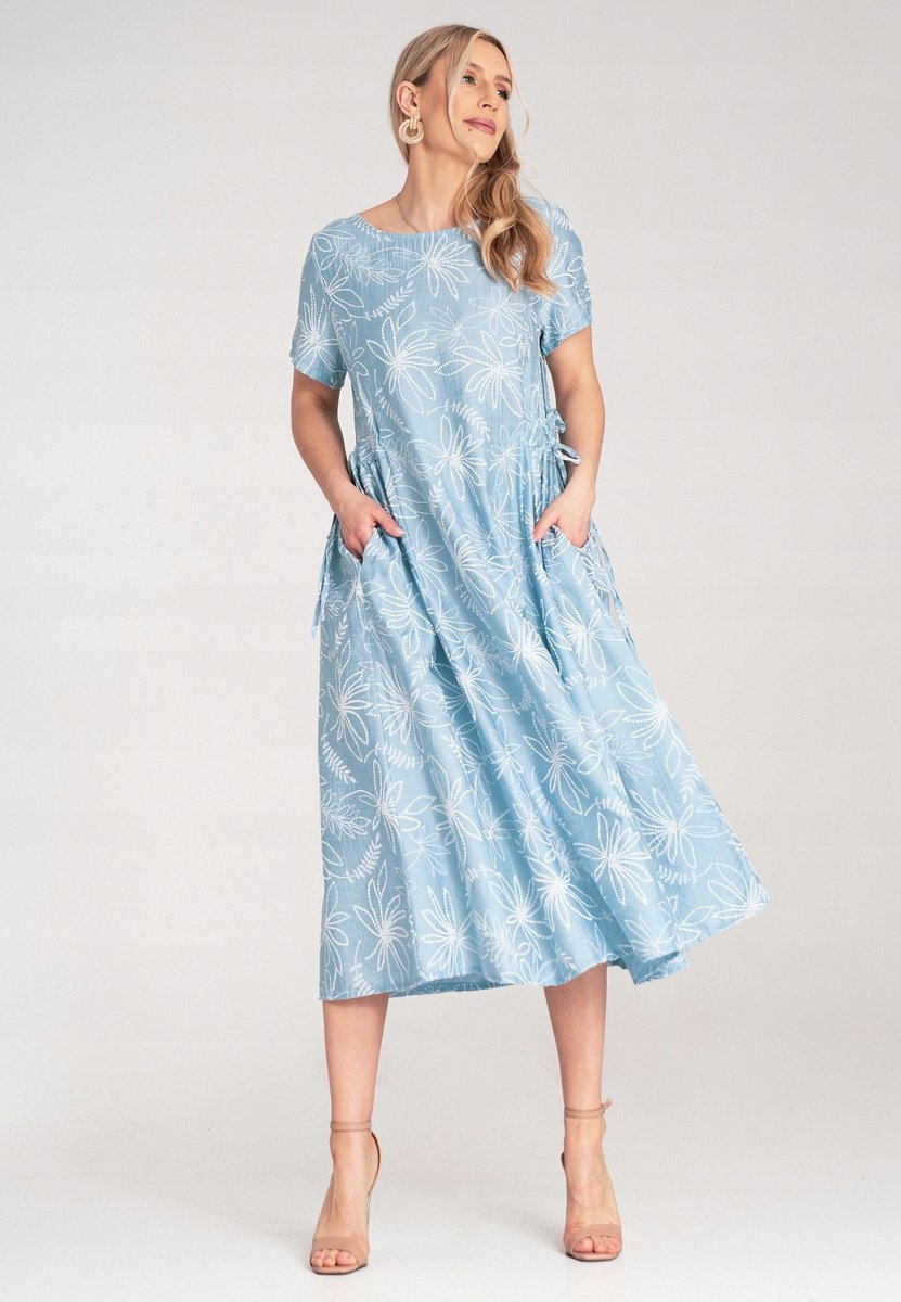 Prosta sukienka w kwiaty damska z wiązaniem po bokach - Niebieska M1181 UNI