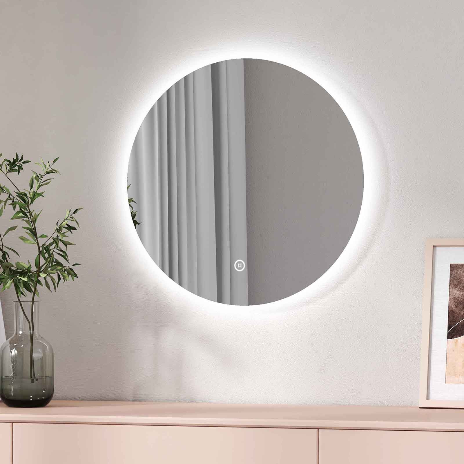 Okrągłe lustro łazienkowe EMKE LED o średnicy 50 cm, lustro łazienkowe z zimnym białym oświetleniem, lustro ścienne z przełącznikiem dotykowym