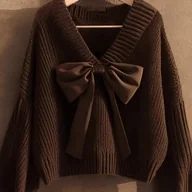 Swetry damskie - TEMU Elegancki Sweter z Kokardką - Miękka Zimowa Kurtka, Brąz (Czarny na Zdjęciu) Dzianina na Jesień i Zimę, Styl Meilade, Pranie Ręczne/Czyszczenie - miniaturka - grafika 1