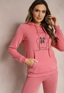 Bluzy damskie - Różowa Bluza Kangurka ze Ściągaczami z Nadrukiem i Polarem Simunsa - miniaturka - grafika 1
