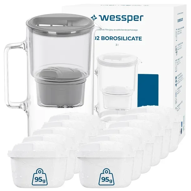 Dzbanek Szklany Wessper D2 Borosilicate 3l + 12x Filtr Wkład Wody Wessper