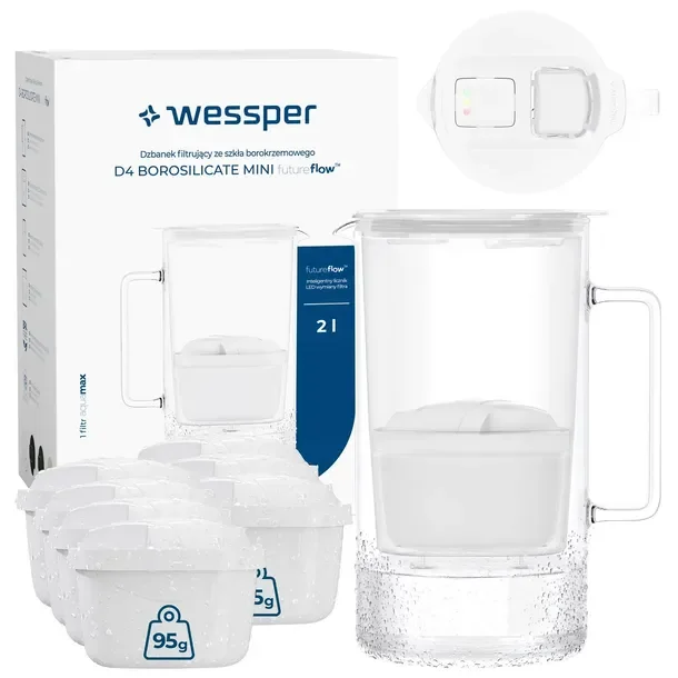 Dzbanek filtrujący szklany Wessper D4 BOROSILICATE MINI 2l + 8x filtr
