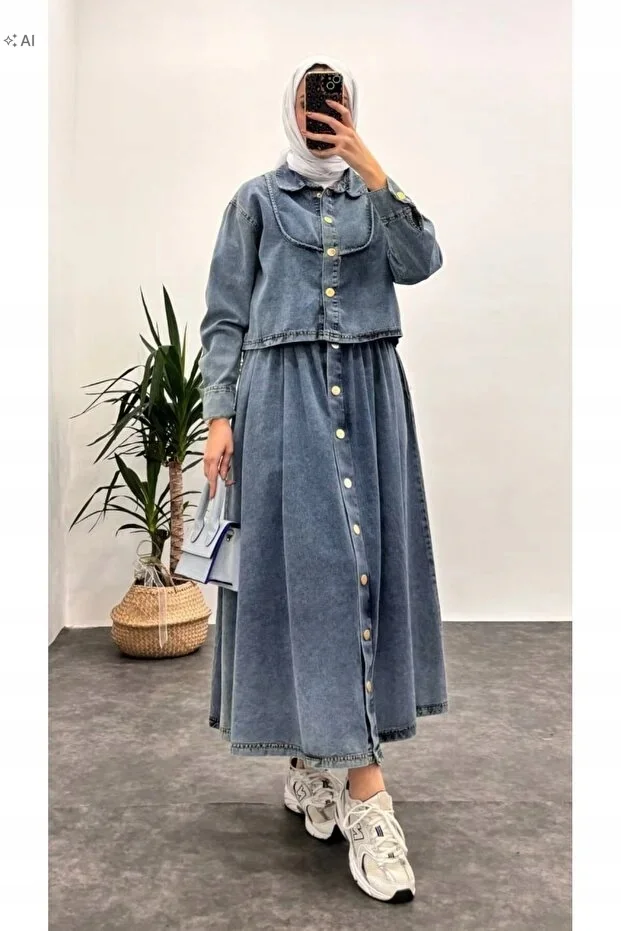 DŁUGI DENIMOWY KOMPLET Z GUZIKAMI W STYLU CASUAL S/M 5IA