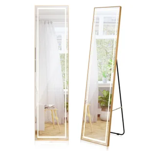 COSTWAY lustro 155 cm, prostokątne lustro stojące, lustro ścienne ze złotą aluminiową ramą i folią przeciwwybuchową, lustro wiszące na drzwiach do przedpokoju, sypialni, salonu - Lustra - miniaturka - grafika 1