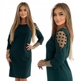 ZIELONA ELEGANCKA KLASYCZNA SUKIENKA Z OZDOBNYM RĘKAWEM ROZMIAR 40 - Sukienki - miniaturka - grafika 1
