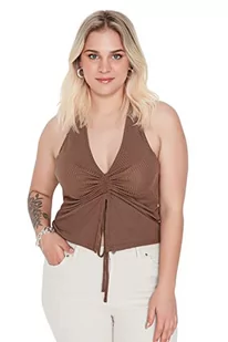 Trendyol Damska bluzka plus size Regular Bodycon asymetryczny kołnierz dzianina plus size, Brązowy, 5XL (Duże Rozmiary) - Body - miniaturka - grafika 1