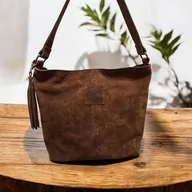 Torebki damskie - Zamszowa torebka szoperka z frędzlami brąz. Etui gratis - miniaturka - grafika 1