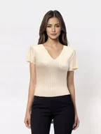 Koszulki i topy damskie - Karl Lagerfeld koszulka t-shirt ecru v-neck [rozmiar M] - miniaturka - grafika 1