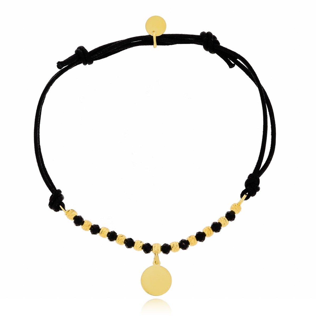 Srebrna pozłacana bransoletka czarny sznurek kółko pr. 925