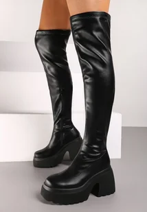 Czarne Kozaki na Obcasie i Platformie za Kolano z Dopasowaną Cholewką Feniefra - Kozaki damskie - miniaturka - grafika 1