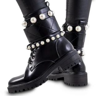 Botki Damskie Na Obcasie Workery Skórzane Cieple Wysokie Carvala Czarne Z Perłami 37 - Botki damskie - miniaturka - grafika 1