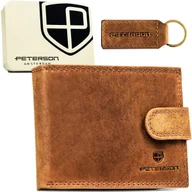 Portfele - Portfel męski vintage PETERSON skórzany ochrona RFID Stop rozbudowany na karty minimalistyczny elegancki z zapięciem na zatrzask mały brązowy pudełk.. - miniaturka - grafika 1