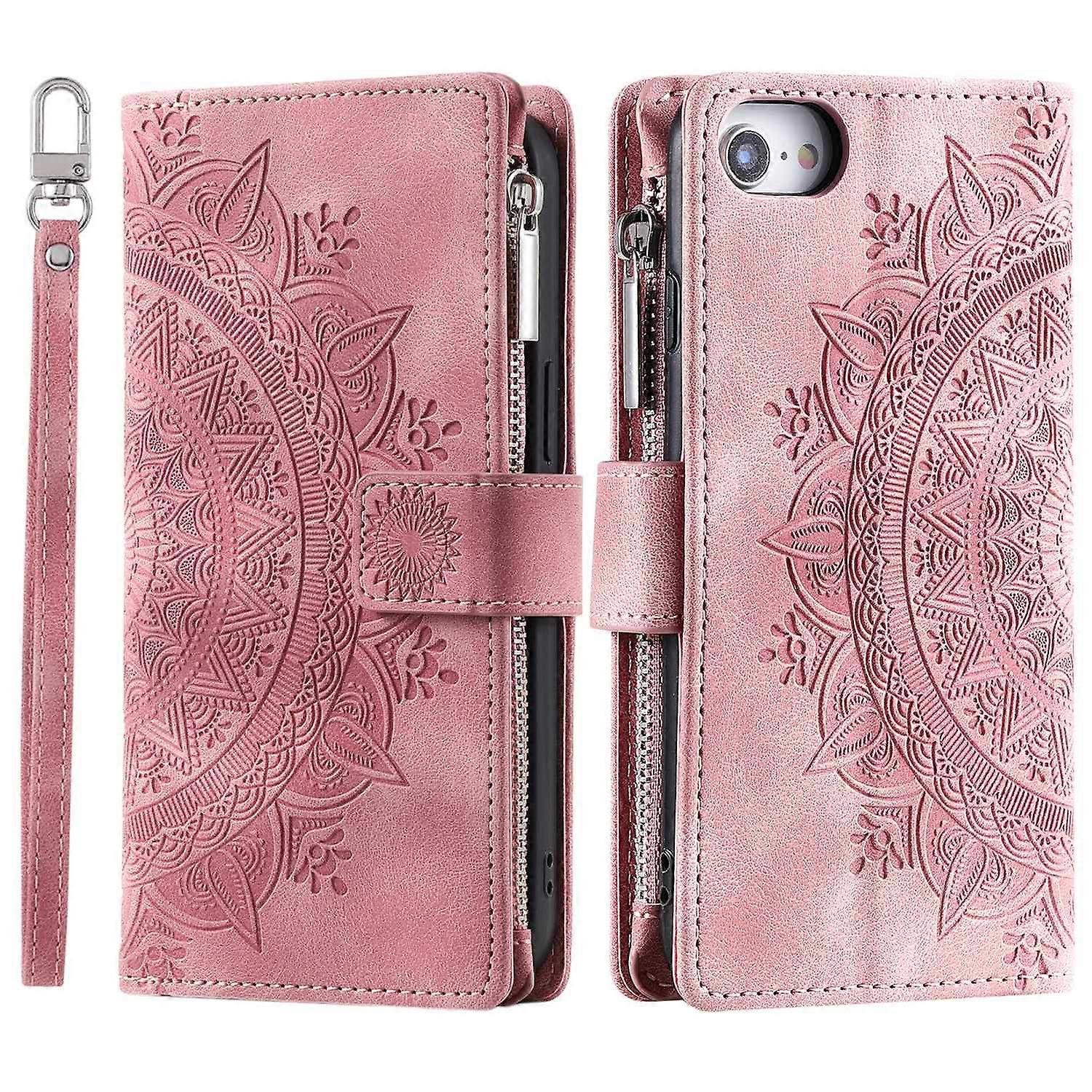 Styl 006 Dla iPhone 16e Portfel Etui PU Skórzany pokrowiec na telefon Mandala Kwiat Wzór Wielobarwny Rose Gold