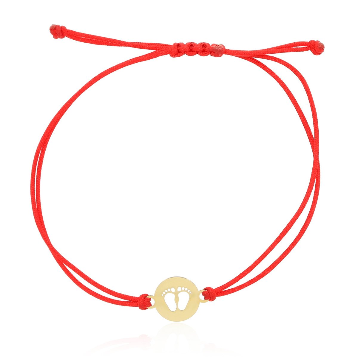 Bransoletka czerwony sznurek stópki w złotym kółku pr.585