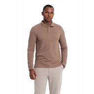 Koszulki męskie - Męski strukturalny longsleeve polo z naszywką brązowy V4 OM-POLS-0131 S - miniaturka - grafika 1