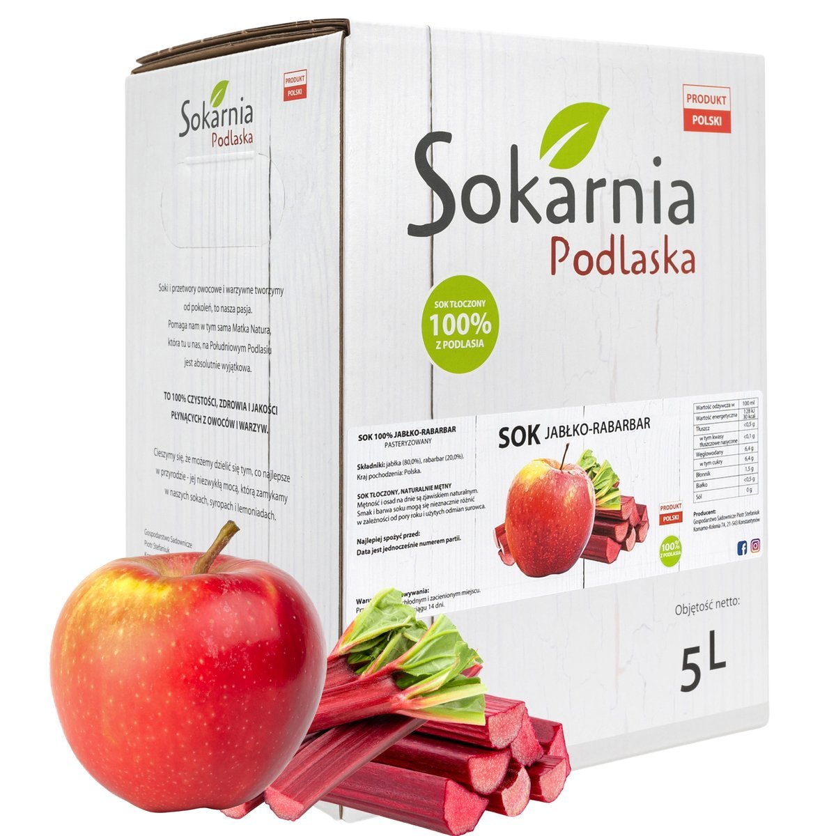 Sok Jabłko Rabarbar 5L Kwaskowy Tłoczony 100% Zdrowy Niskokaloryczny