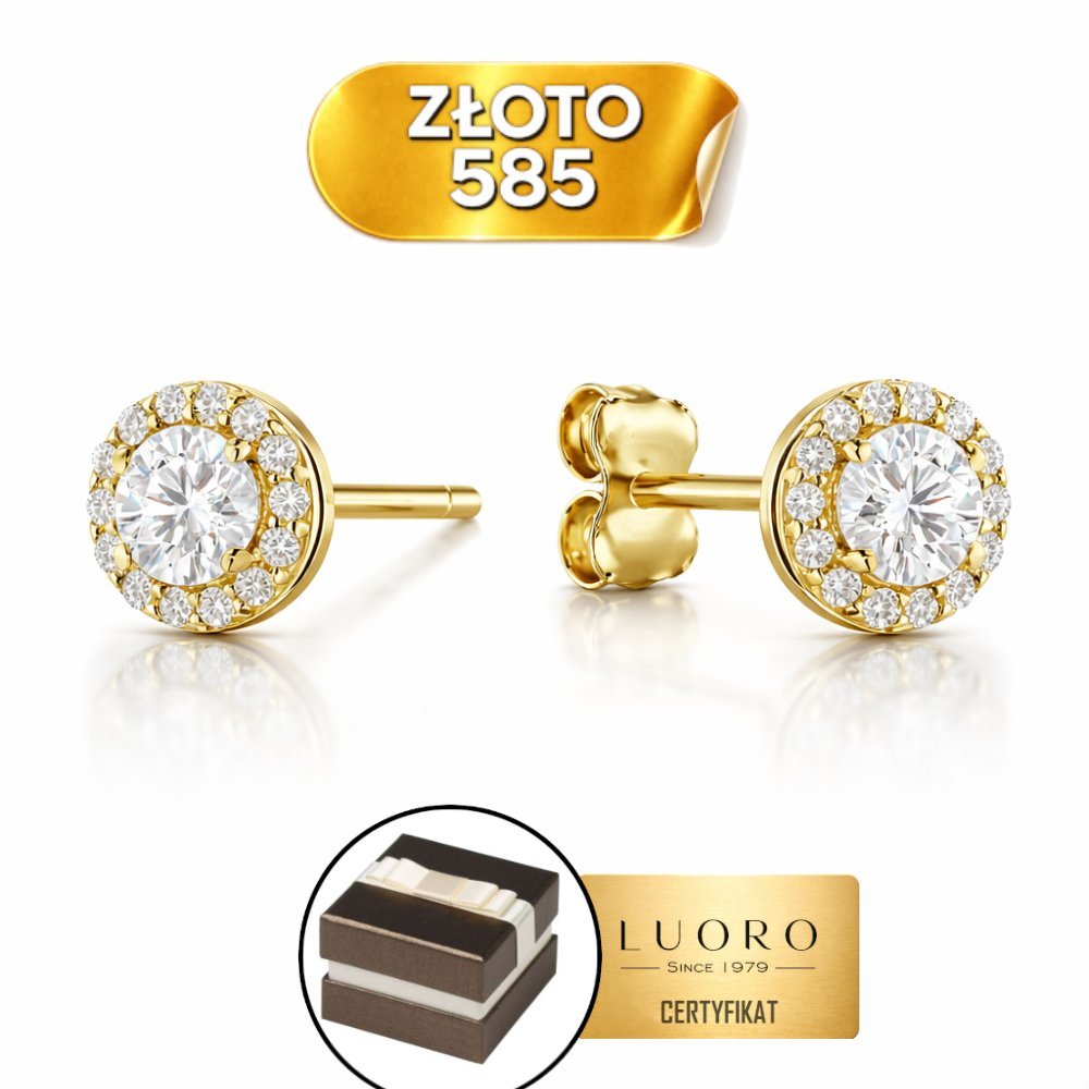 KOLCZYKI ZŁOTE 585 14K KÓŁKA CYRKONIE CENTRALNY KAMIEŃ SZTYFT 6,5 MM