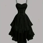 Sukienki - TEMU Sukienka Damska Jednokolorowa z Dekoltem w Serduszko, Krzyżowanym Tyłem, Wiązaniem, Falbanką i Asymetrycznym Dołem w Stylu Vintage - miniaturka - grafika 1