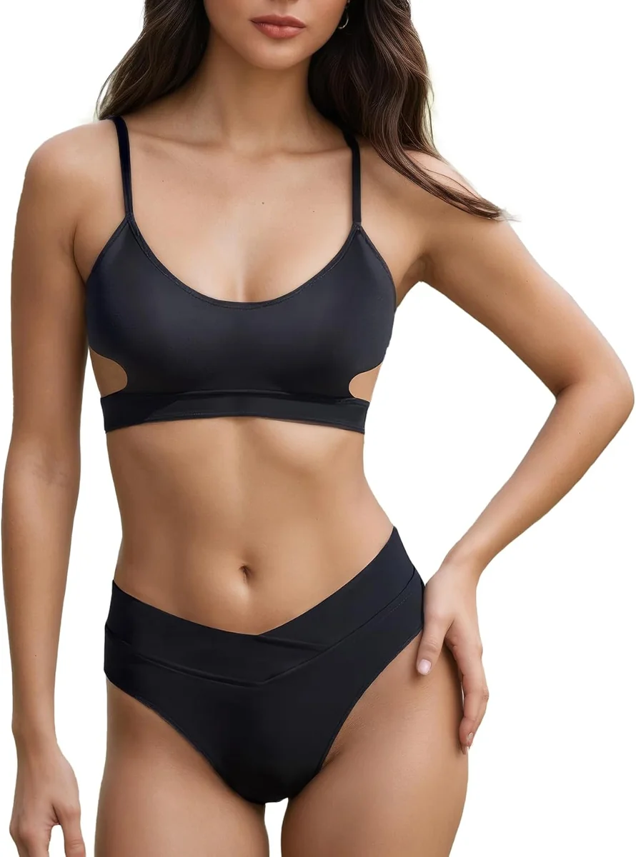 Damski Dwuczęściowy Strój Kąpielowy Bikini Wyszczuplający Wygodny Czarny S