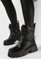 Śniegowce damskie - Czarne Śniegowce na Płaskiej Podeszwie z Zamkiem z Przodu i Napisem Bulluna - miniaturka - grafika 1