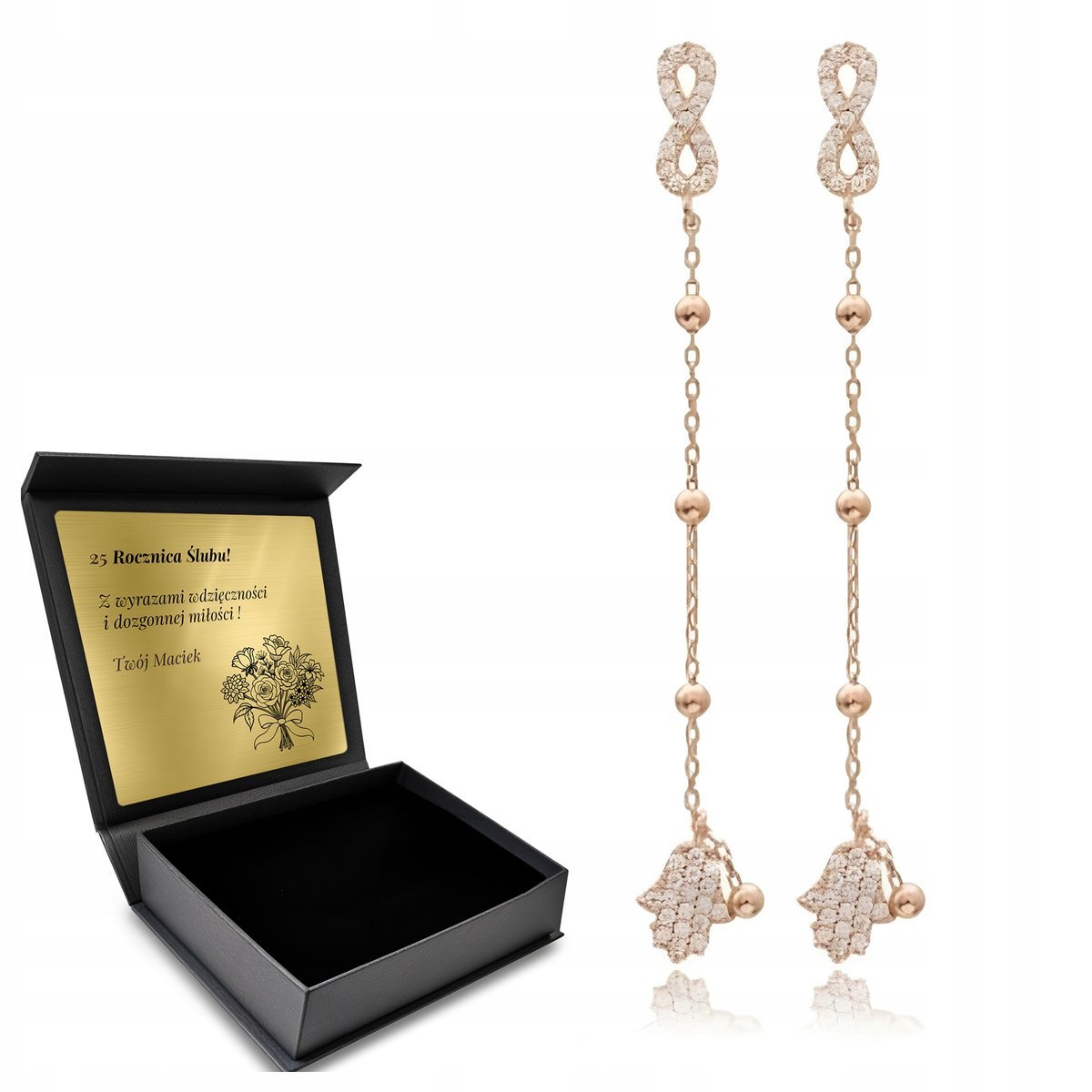 Kolczyki Pozłacane Srebrne Ręka Fatimy I Cyrkonie Orientalne Długie Grawer