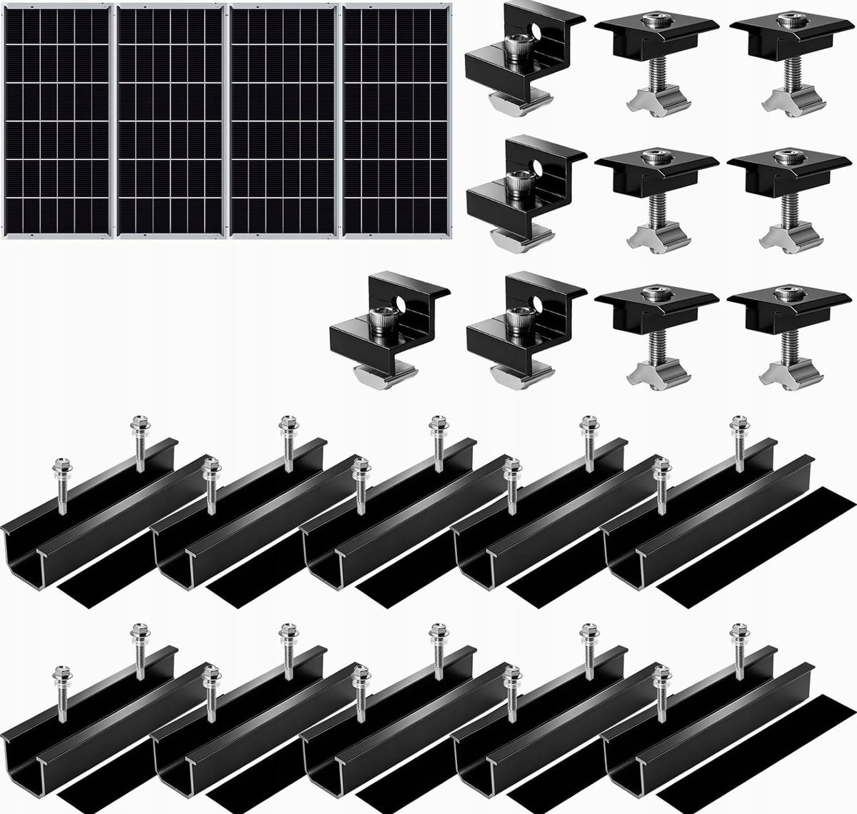 UCHWYT SOLARNY ZESTAW MONTAŻOWY 4 MODUŁY SZYNA ALUMINIOWA 120 CM ZACISK
