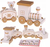 Ozdoby bożonarodzeniowe - POCIĄG DREWNIANY DEKORACJA BOŻE NARODZENIE ŚWIĘTA WAGONIKI BIAŁY ZŁOTY - miniaturka - grafika 1