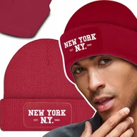 Czapki damskie - Zimowa Wygodna Czapka Czerwona NEW YORK NY Wzory - miniaturka - grafika 1