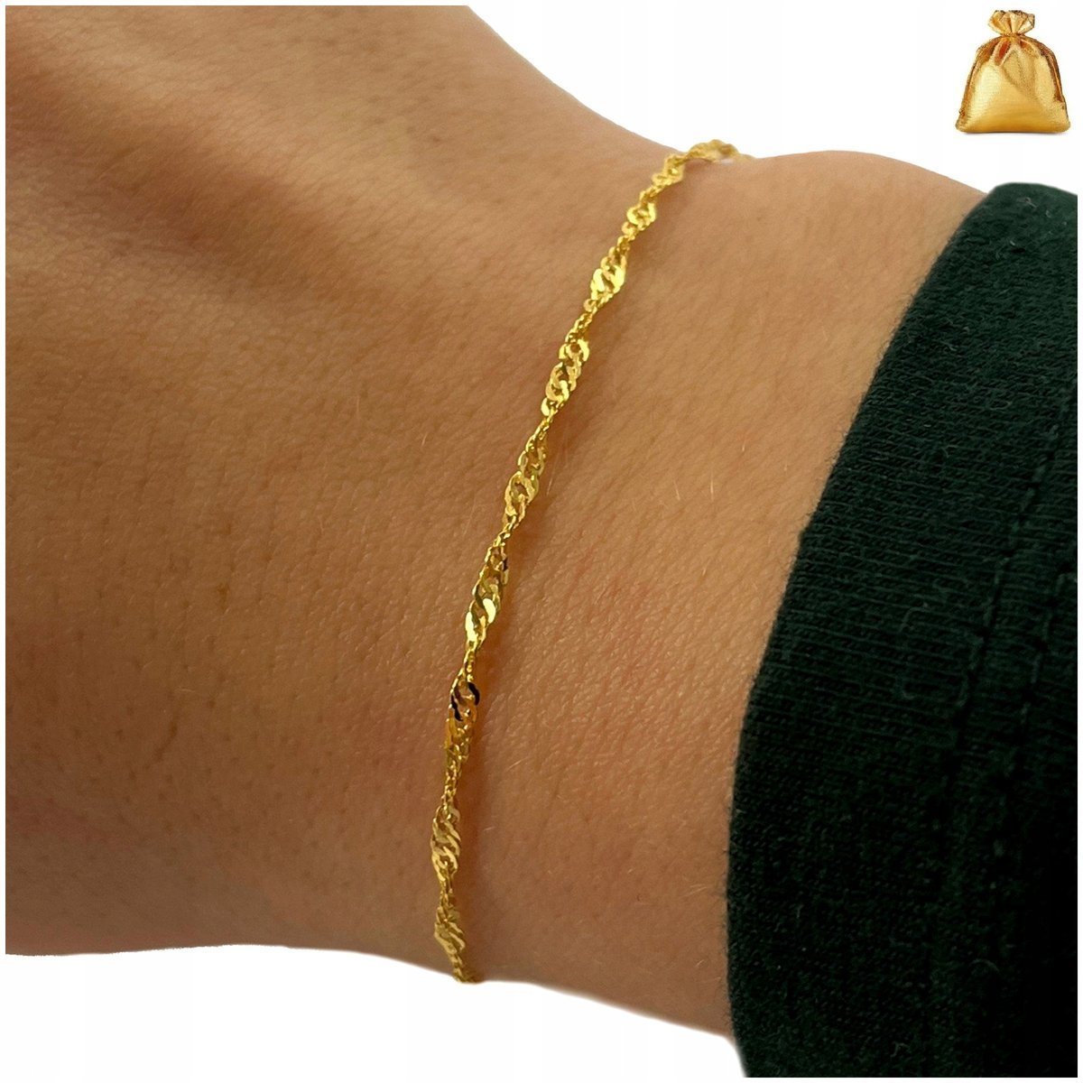 Piękna Złota Bransoletka Damska Singapur Skręcany Pozłacana Srebro 925 18Cm