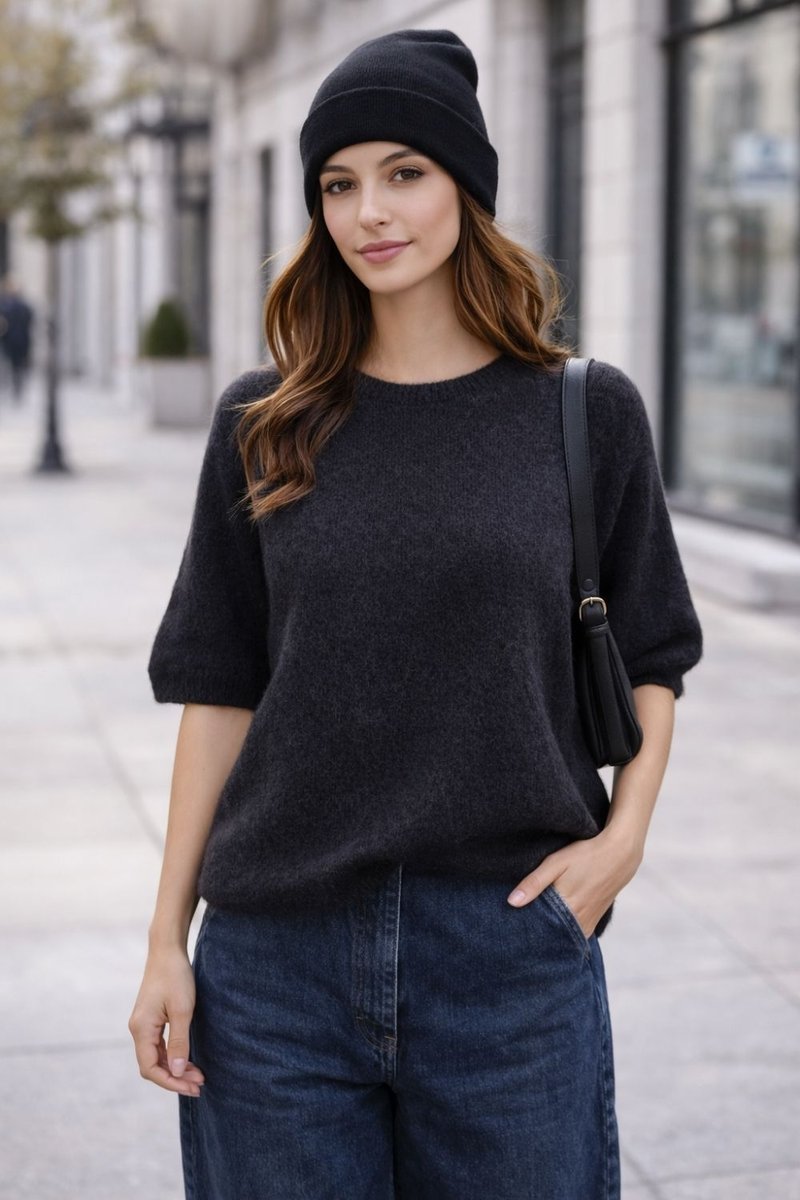 Sweter damski czarny oversize krótki rękaw miękki włoski Uni